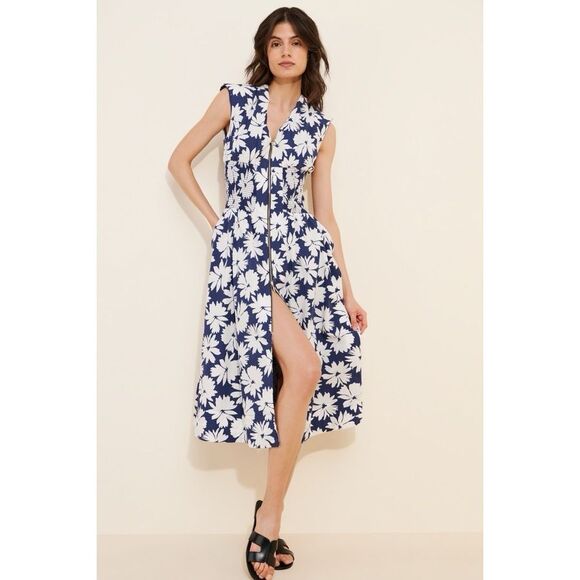 Anthropologie Dresses & Skirts - New Anthropologie The Tommie Cap-Sleeve Smocked Front-Zip Midi Shirt Dress M